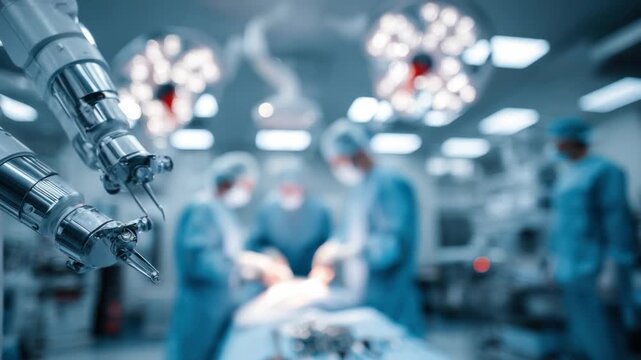 Surgical Precision: A glimpse into a modern operating room, where advanced robotic surgical arms work in concert with a skilled surgical team, executing procedures with utmost accuracy and care.