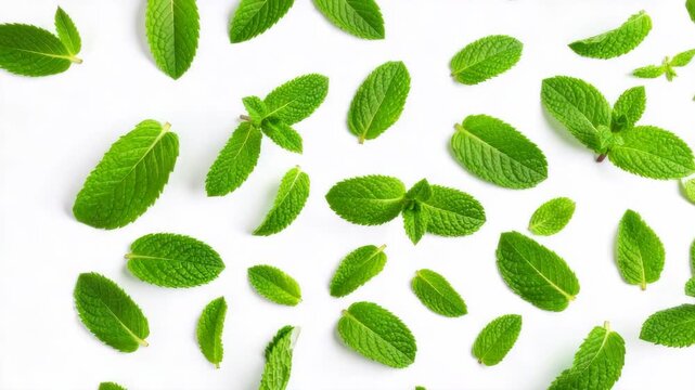Scattered fresh green mint leaves on a white background for a natural herbal pattern