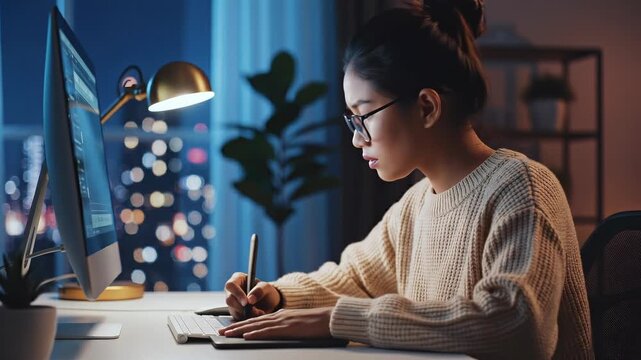 Focused young woman works late at desk with computer and notebook.