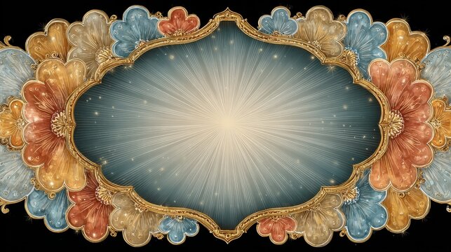 Magical Art Nouveau frame with gold details and crystal glass flowers. Ethereal background with a divine light burst for a luxury wedding invitation or spiritual banner.