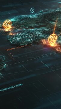 Digital global map with glowing location pins