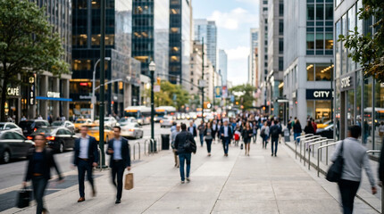 Obraz premium Bustling business crowd walking on city sidewalk with skyline background