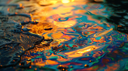 Fototapeta premium Rainbow-colored oil slick on surface of water: river, sea, ocean. Environmental damage: danger to humans, marine ecosystem, flora, and fauna. In rays of setting sun.