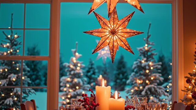 Warm festive christmas table setting with candles and star ornaments.