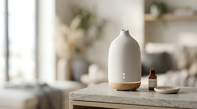 White aromatherapy diffuser on wooden table near window with soft natural light background glow