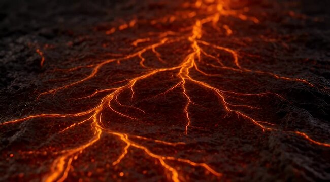 Molten lava flowing through volcanic rock cracks, glowing magma veins on dark scorched earth, fiery orange liquid heat in geothermal landscape