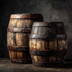Obraz premium Two weathered wooden barrels stand side-by-side, aged and worn, against a dark backdrop