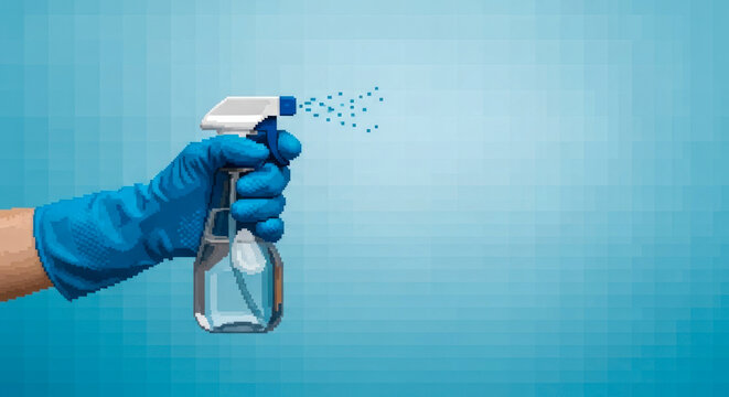 Hand in blue glove holding a clear spray bottle
