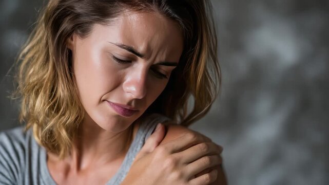 Shoulder Pain: A woman, etched with distress, clutches her shoulder in a gesture of agonizing discomfort, conveying the visceral experience of pain and struggle. 