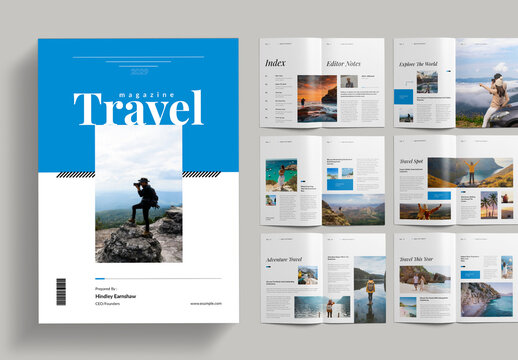 Travel Magazine Layout with Blue Accents