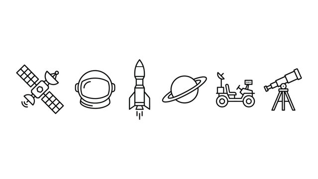 Line art icons depicting various space exploration elements such as a satellite, astronaut helmet, rocket, planet, rover, and telescope.