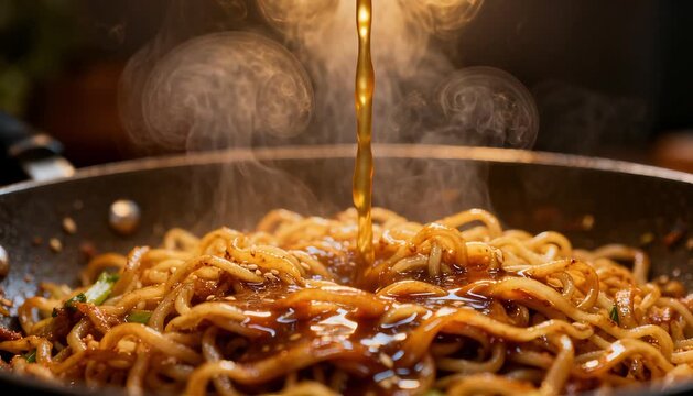 mie goreng sauce cascade poured over wok fried noodles