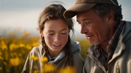 Fototapeta premium Grandfather teaching grandson to identify spring wildflowers through augmented reality nature guide overlaying botanical data on real plants in meadow, perfect for AR glasses educational technology