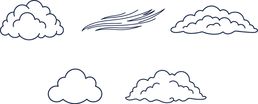 A collection of hand-drawn cloud outlines and a wind streak illustration, depicting various weather elements in a simple, graphic style.