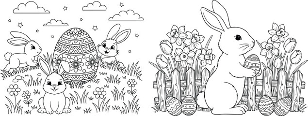 Naklejka premium Easter Eggs Coloring Book with Cute Bunnies and Spring Flowers