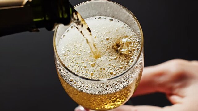 Bubbles fizz as liquid pours into a champagne flute