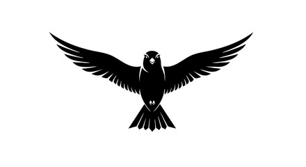 Fototapeta premium Black bird silhouette with spread wings, flying hawk or eagle vector icon, majestic soaring falcon graphic isolated on white background
