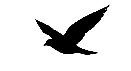 Fototapeta premium Minimalist bird silhouette in flight, black flying pigeon vector icon, soaring dove shape on white background, elegant avian wildlife graphic