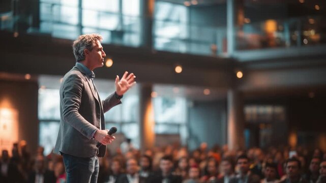 Engaging Presentation: A captivating orator commands the stage, captivating the audience with eloquent speech during a motivational conference.