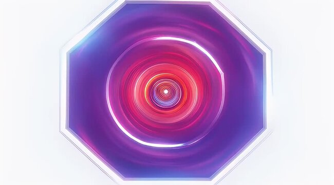 Abstract purple octagon portal with glowing concentric circles. Futuristic neon light tunnel background. Vibrant violet and pink geometric motion graphic.
