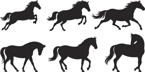 Horse silhouette set in different poses vector illustration, running and standing equine collection isolated on white background for ranch, farm, logo design © MstHosneAra