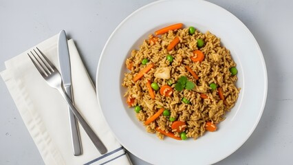 Delicious vegetable fried rice on a white plate