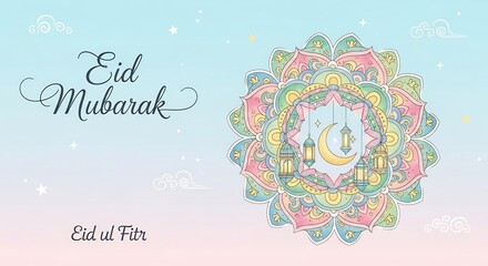 Vibrant Eid Mubarak illustration with a detailed floral mandala, ornate lanterns, and a crescent moon, set against a pastel sky background.