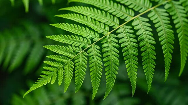 Close up of a vibrant green fern leaf frond in a lush tropical forest environment with soft bokeh background