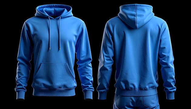 Front and back view of a bright blue hooded sweatshirt and sweatpants set, presented on a plain