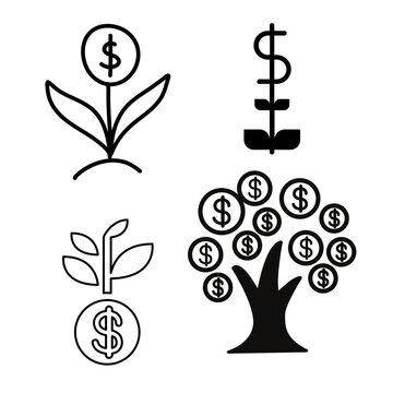 Financial Growth Icon Set with Money Plant and Investment Tree Symbols