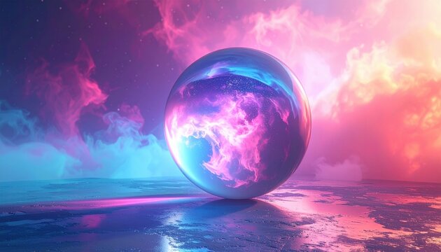 Abstract glowing orb representing quantum superposition with vibrant cosmic nebula reflections