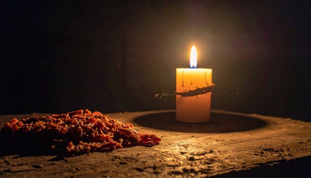 A small flickering candle illuminates a meager ration of dried food on a rough wooden surface, casting warm light.