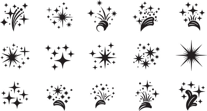 Collection of black starburst and sparkler graphic icons set