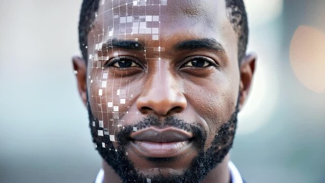 Close up portrait of a Black man face with artificial intelligence biometric scanning overlay for secure identity verification