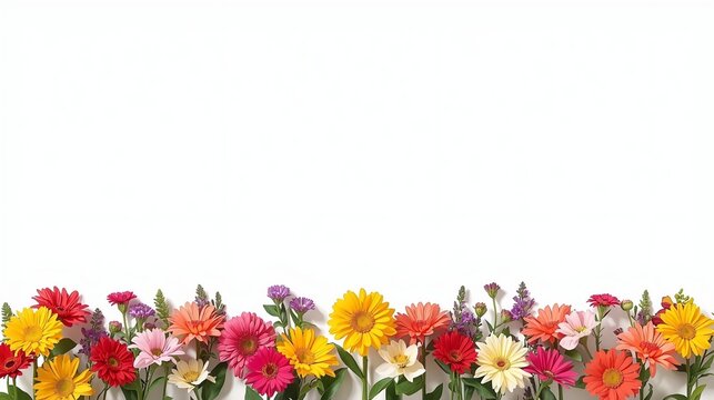 Vibrant colorful gerbera daisies arranged as bottom border on white background. Perfect spring 2026 floral banner for greeting cards, invitations and seasonal design.