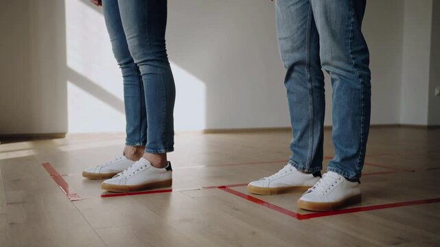 Two people standing apart in white sneakers on a wooden floor with red tape social distancing feet