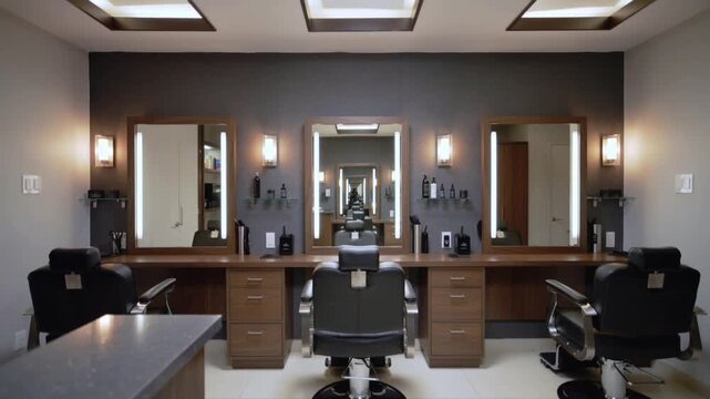 Modern barbershop interior with three illuminated mirrors and barber chairs salon grooming