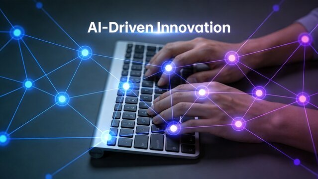 Hands typing on keyboard with network connections