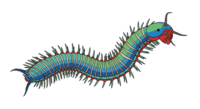 Long and segmented centipede, featuring numerous legs and a strikingly colorful body, crawling purposefully against a clear white background.