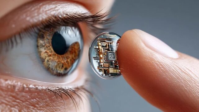 Advanced Technology for Vision: A close-up view presents an eye and a futuristic microchip, emphasizing the integration of technology with human biology, representing the cutting edge of innovation.