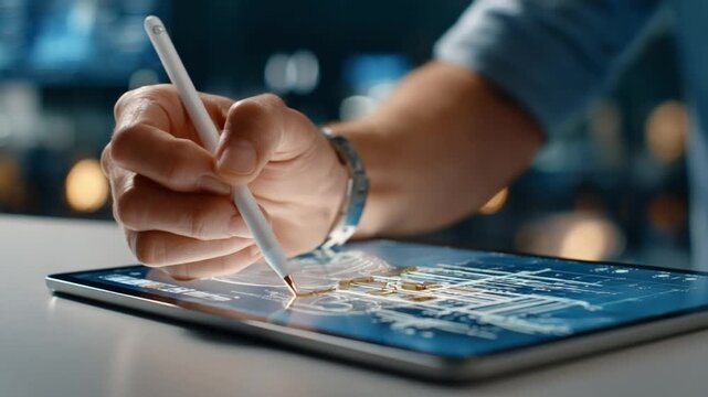 Tablet Pen Precision: A close-up showcases a hand meticulously using a digital pen on a tablet, illustrating technology's seamless integration into the modern world.