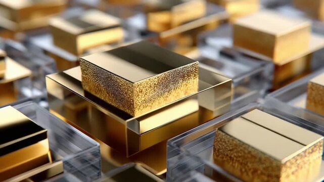 Golden Cubes on Crystal Bases: An artistic composition of meticulously crafted golden cubes, elegantly presented atop transparent crystal bases, creating a harmonious interplay of textures, light.