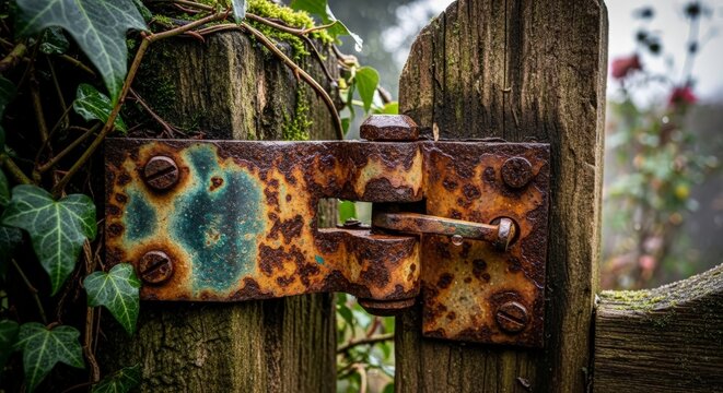 Old rusty gate latch on fence.