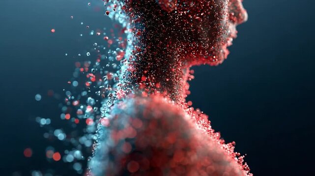 Ephemeral Essence: A digital artwork portrays the human form dissolving into a cloud of particles, representing the fleeting nature of existence and the ethereal essence of the self. 