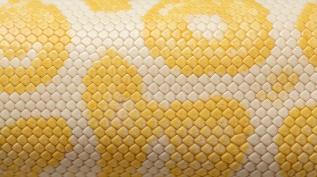 West African albino ball python snake skin texture close-up in white ivory and yellow color palette, flat lay
