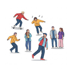 Fototapeta premium Diverse Teenagers Skateboarding Listening to Music and Hanging Out Youth Lifestyle Vector Illustration