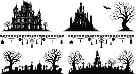 Obraz premium Halloween haunted house castle graveyard tree silhouette spooky horror night decoration vector illustration set gothic dark theme