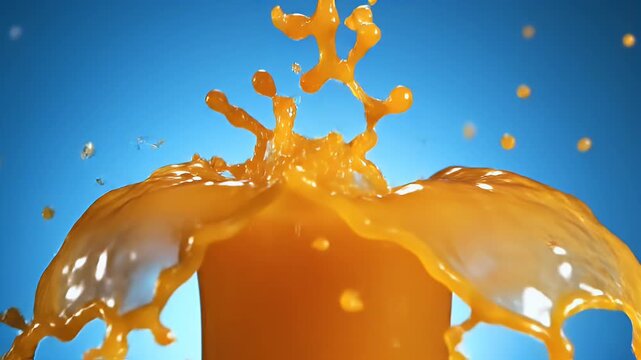 Vibrant orange liquid splashing, creating dynamic droplets against a bright blue gradient background