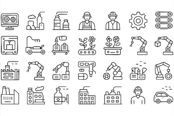 Fototapeta premium Factory Production and Robotic Assembly Minimal Outline Icon Set 
