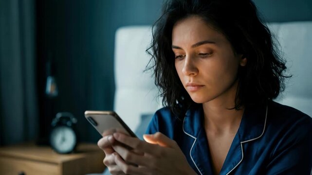 Slow motion footage of a tired young woman in blue silk pajamas using her smartphone in bed at night, highlighting digital addiction, insomnia, and the effects of blue light.